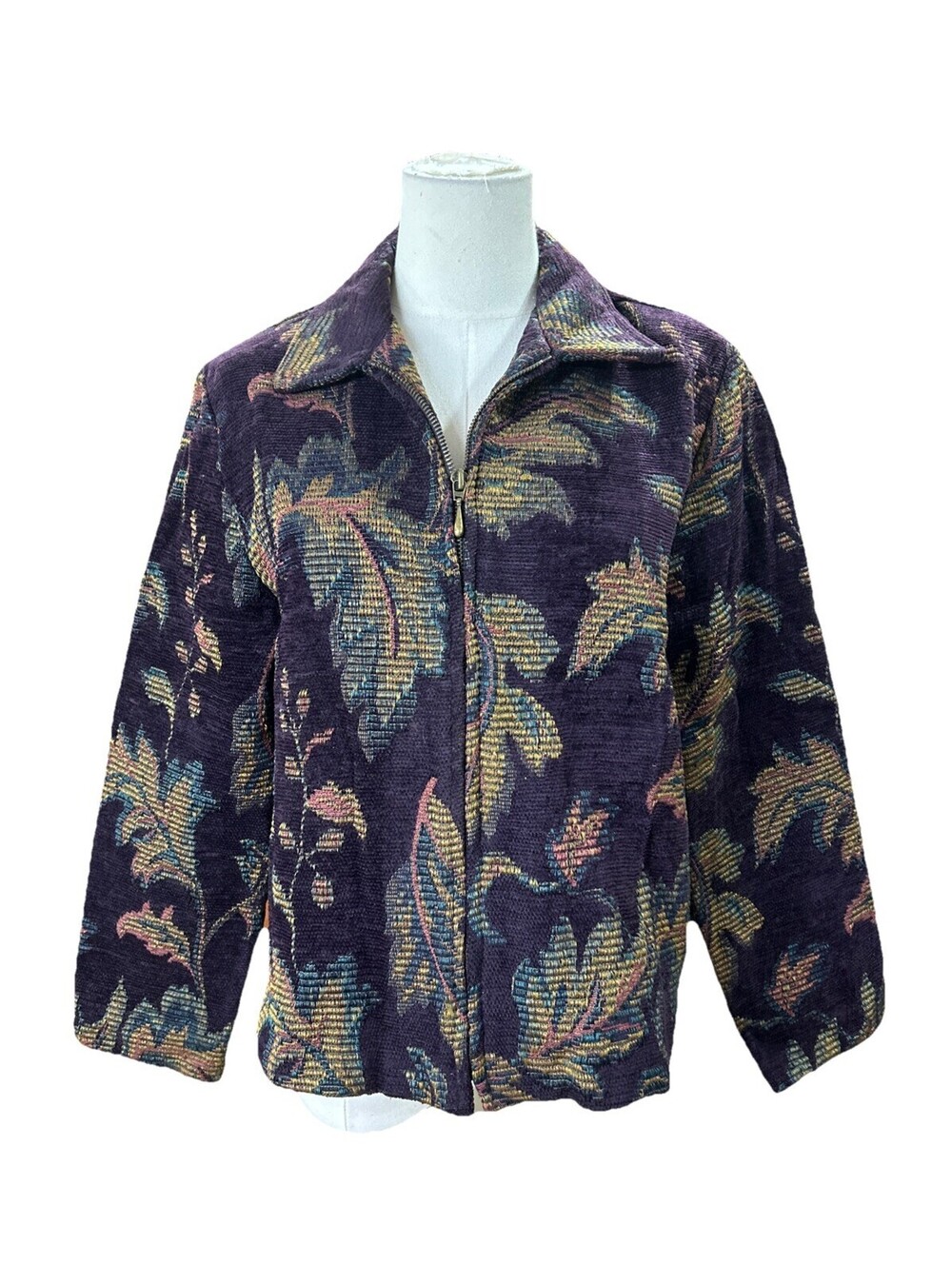 First Option Womens Blazer Tapestry Jacket Medium Floral & Leaf Pattern Full Zip